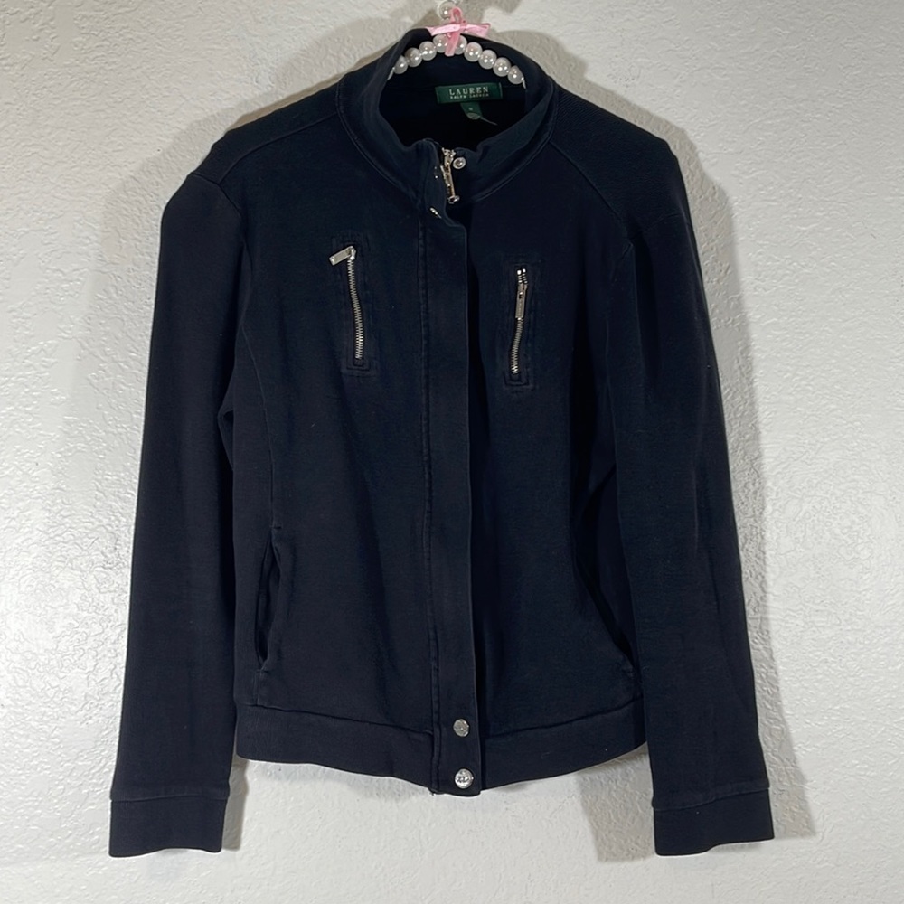 Lauren Ralph Lauren Women's Black Cotton Front Zip Sweater Jacket Size Medium